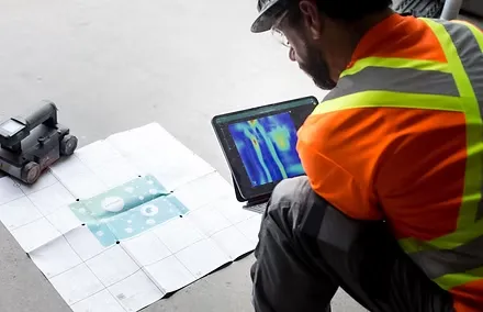 A concrete contractor in a safety vest examines a thermal image on a tablet next to a large grid paper and a small robotic device on the floor.